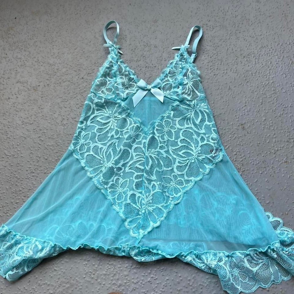 Fredericks of Hollywood Blue Lace Babydoll Lingerie Womens Large Nightie Chemise